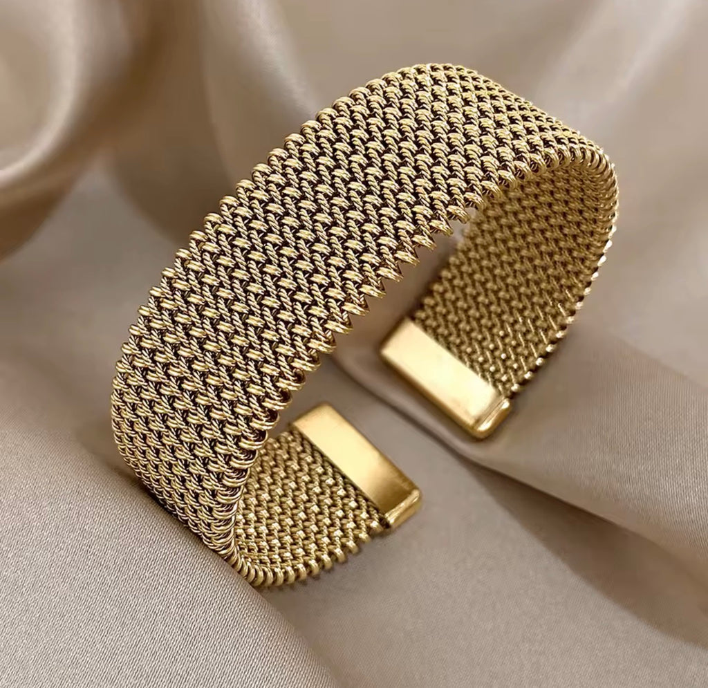 Luxury Gold Mesh Cuff Bracelet | Premium Statement Metal Bangle for Women