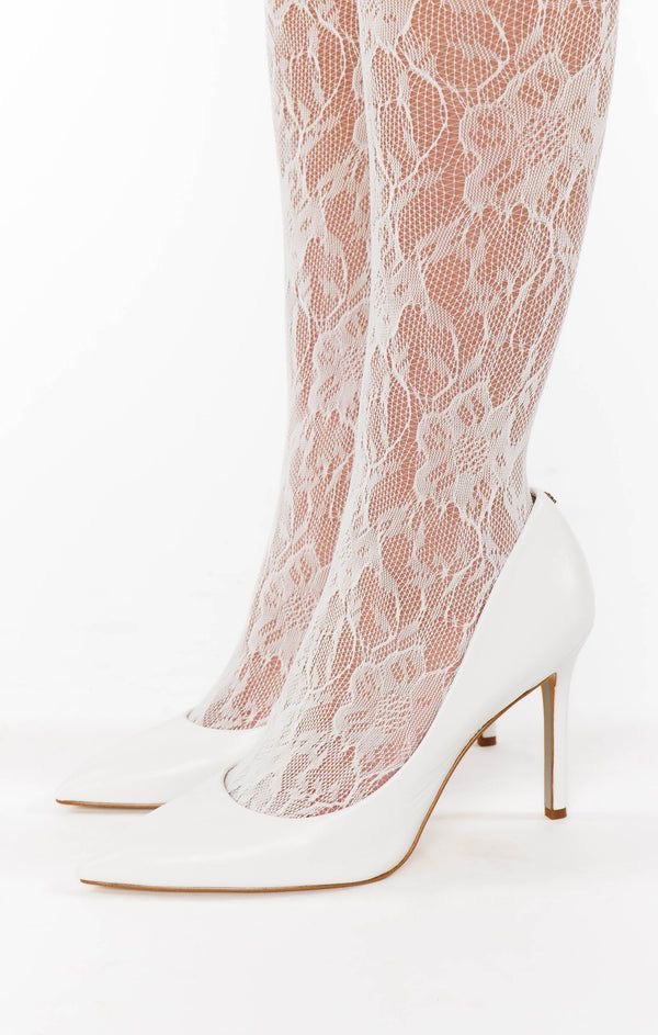 Floral Lace Tights - White Sheer Patterned Hosiery for Wome