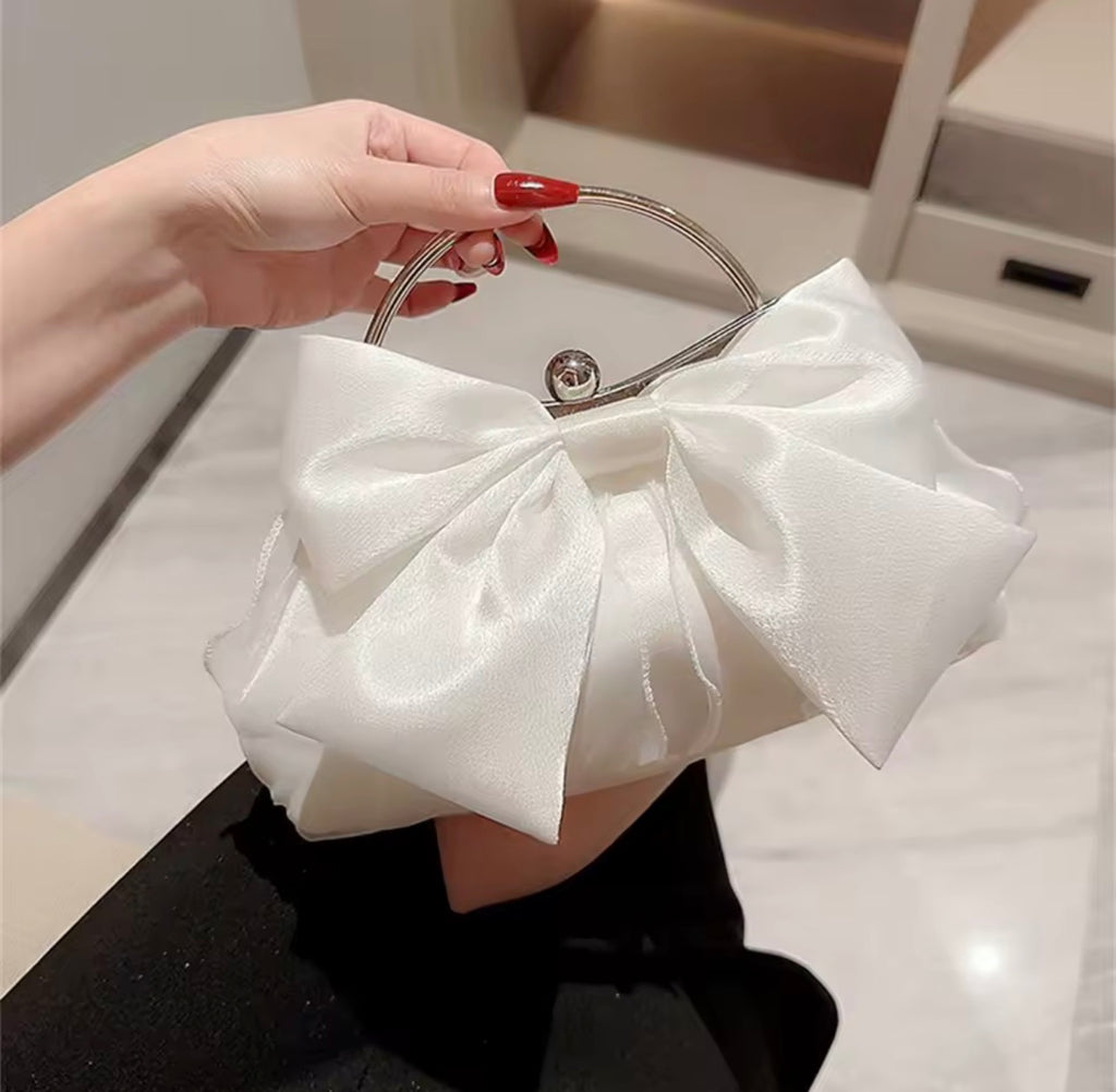 Elegance Bow Satin Clutch Bag with Metallic Ring Handle