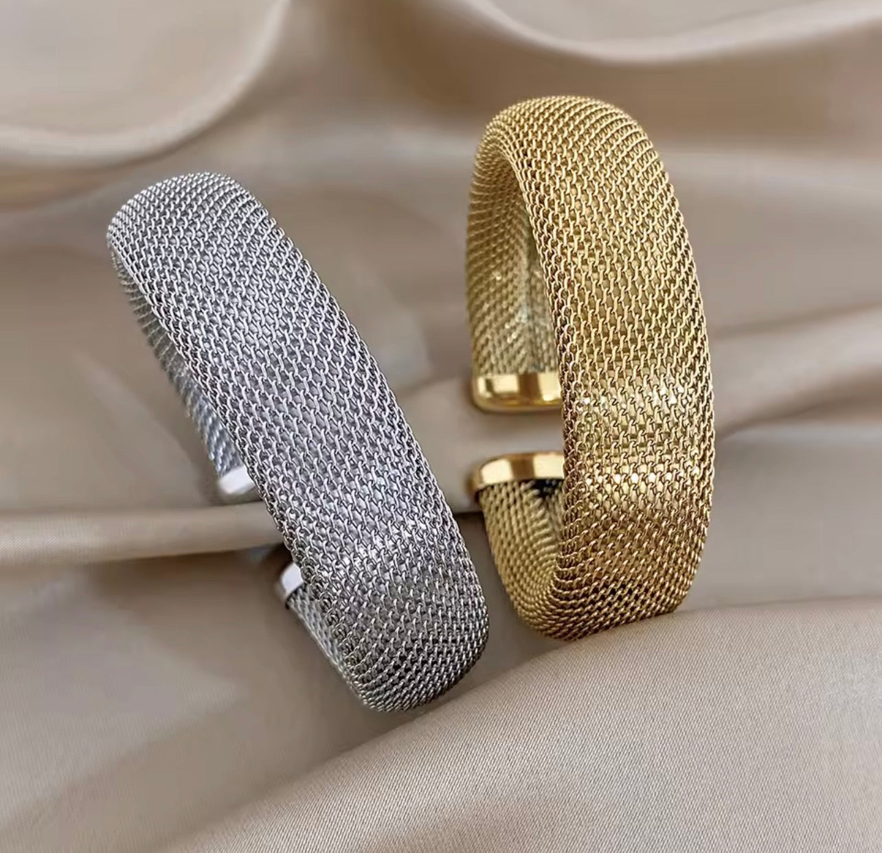Luxury Mesh Cuff Bracelet Collection | Premium Statement Metal Bangle for Women (Gold & Silver)