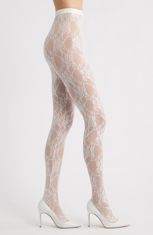 Floral Lace Tights - White Sheer Patterned Hosiery for Wome