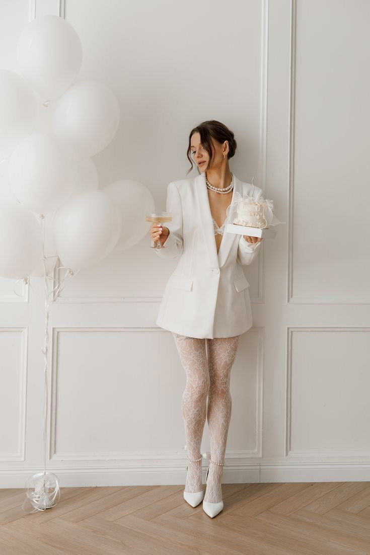 Floral Lace Tights - White Sheer Patterned Hosiery for Wome